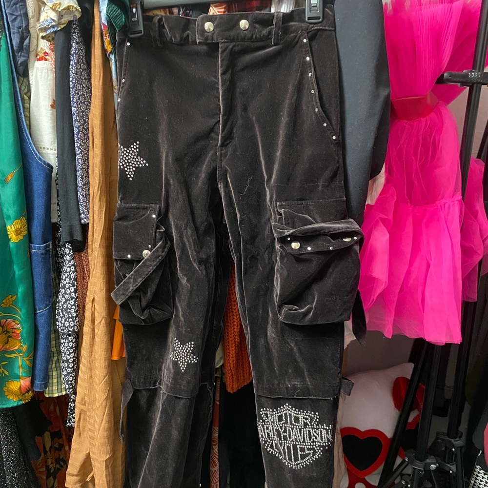 Vintage crushed velvet Harley Davidson bedazzled biker pants Deadstock